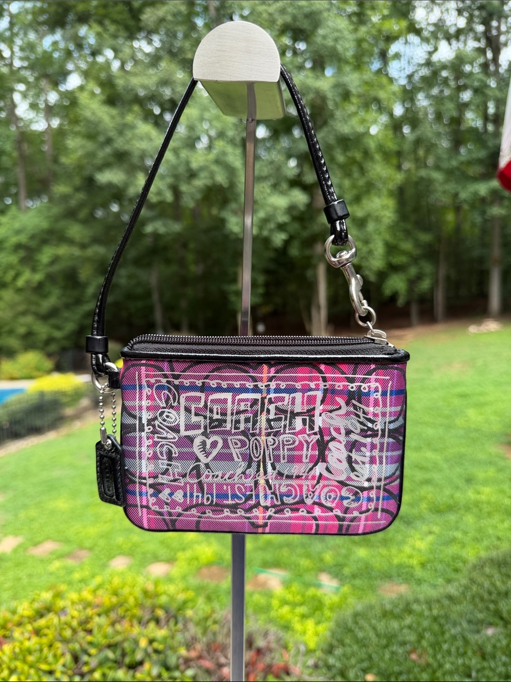Coach Poppy Pink Plaid Graphic Wristlet GUC - Picture 4 of 15
